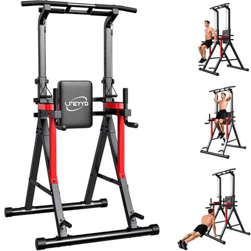Power Tower Pull Up Bar Free Standing - 13-Level Adjustable Height Dip Station with X-Frame Stability, Multi-Grip Handles, Backrest, Anti-Slip Foot Pads - Home Gym Strength Training Equipment - color: Black Red