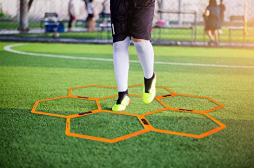 Hex Agility Rings Set of 6/12 Rings for Speed & Agility Footwork Training, Hexagon Ladder with Fitness Equipment Sport Workout Home Gym, Kids and Adults (Orange)