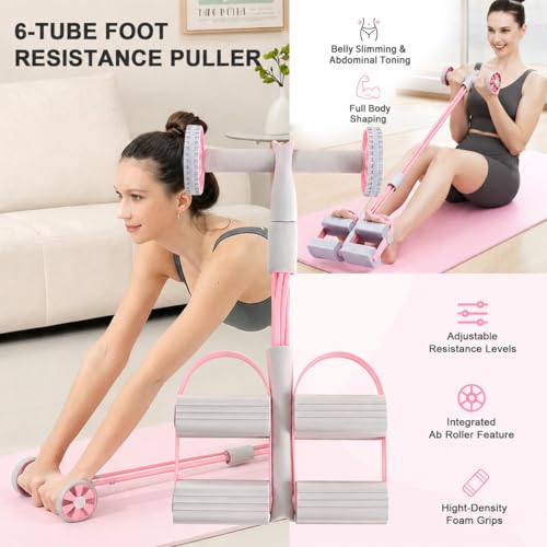 6-Tube Pedal Resistance Bands with Handles & Ab Roller, 2-in-1 Foot Pedal Puller, Home Gym Workout Equipment for Core Training, Full Body Exercise for Arm, Leg, Waist, Back