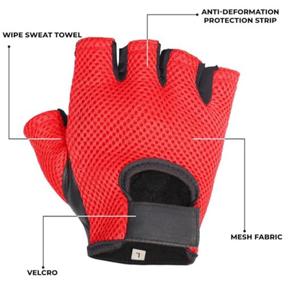 Leather MESH Fingerless Weight Lifting Exercise Gym Wheelchair Gloves Black/RED WLG-021