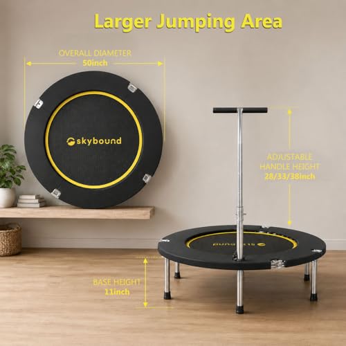 SkyBound Mini Rebounder Trampoline for Adults Foldable Fitness Rebounder with Adjustable T-Bar Handle - 40" Exercise Trampoline for Kids & Adults - Indoor Fitness Trampoline for Workout Trainer - style: Premium