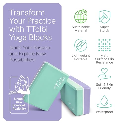 Yoga Blocks 2 Pack with Strap & Guide – Non-Slip EVA Foam Pilates Blocks for Home Workouts, Dance, Ballet, Gymnastics & Stretching Exercise | Ideal Dancer Gifts - color: Mint/Purple & Stretch Band Purple