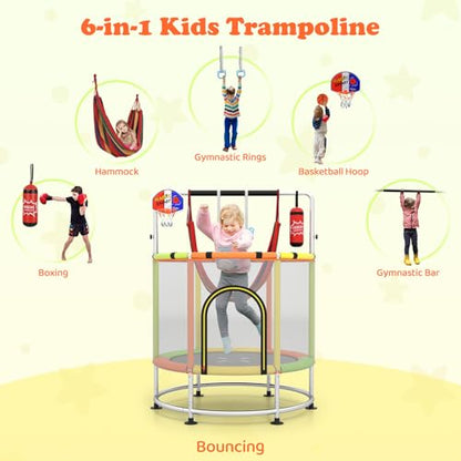 GYMAX 55" Trampoline for Kids, 440LBS 6 in 1 Toddler Rebounder with Swing, Basketball Hoop, Punching Bag, Rings & Bar, No-Gap Jumping Mat Mini Indoor Outdoor Trampoline