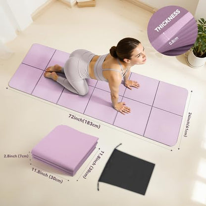 Foldable Yoga Mat Thick Non-Slip Exercise Mat - Packable Travel Fitness Mat with Carrying Bag for Yoga, Pilates, Workout, Home & Gym - color: lilac