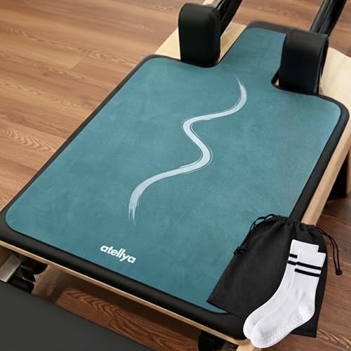 Pilates Reformer Mat Non Slip – Washable Reformer Mat Cover with Grip Socks & Mesh Bag, Sweat Absorbing Pilates Reformer Towel for Studio & Home Use - color: Dark Green Minimal