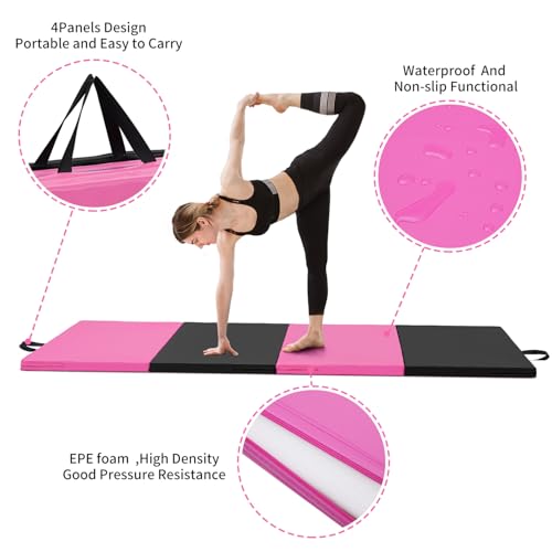 ZENOVA Gymnastics Mat 6'x3'x2''/4'x8'x2'' Exercise Mat Gym Mat for Home Aerobics Workout Foldable Tumbling Mat Children Gifts - color: 3FT x 6FT-- Pink&Black