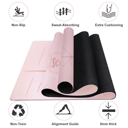Natural Rubber Yoga Mat - Non Slip Non Toxic - 5mm Thick Yoga Mat for Hot Yoga/Pilates - Extra Large 26.8’’ with Alignment Guide - Sweat Proof - with Carrying Bag