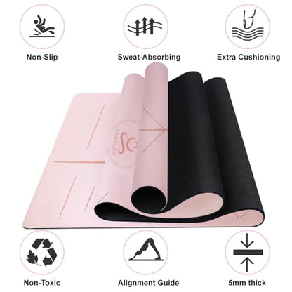 Natural Rubber Yoga Mat - Non Slip Non Toxic - 5mm Thick Yoga Mat for Hot Yoga/Pilates - Extra Large 26.8’’ with Alignment Guide - Sweat Proof - with Carrying Bag