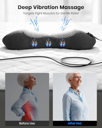 Triple Fusion Back Massager with Stretching, Vibration and Heat, 3-in-1 Electric Lumbar Pillow for Lower Back Tension Relief, Deep Tissue Relaxation Massage for Home, Office, Bed, Sofa, and Car Use