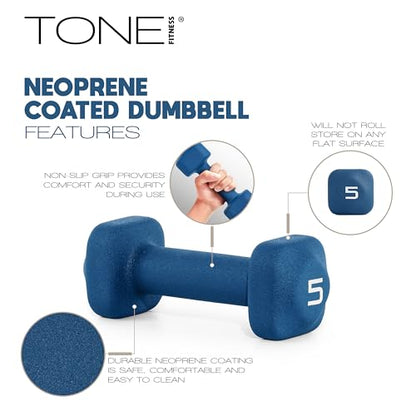 Tone Fitness Neoprene Dumbbell Set with Storage Rack – Non-Slip, Anti-Roll Hand Weights for Home Gym Workouts | 20 lb, 32 lb, 50 lb, 60 lb & 100 lb Options