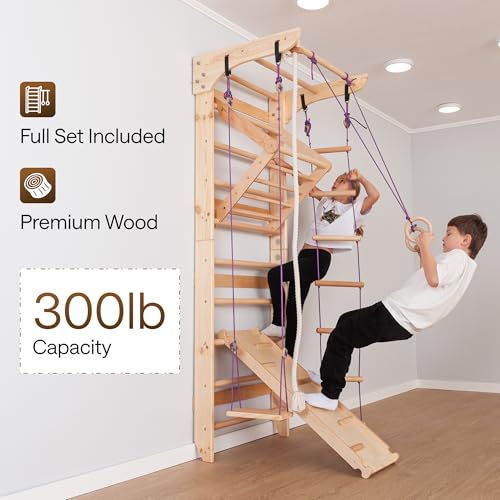 Wooden Swedish Ladder Wall Set – Kids Stall Bars for Exercise – Kids Swedish Gymnastic Wall Gym – Wood Stall Bar Gymnastics Playground – Best Gym for All Family - color: Wood