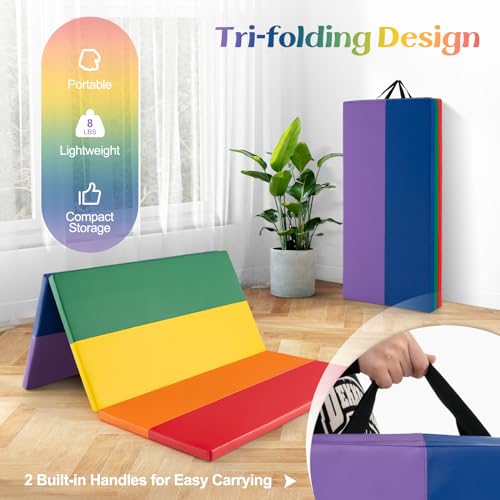 Goplus Gymnastics Mat, 6'x4' 3-Panel/6.6'x2.5' 5-Panel Folding Tumbling Mat w/Carrying Handles, Hook&Loop Fastener, Portable PU Leather Rainbow Exercise Mat for Home Gym Aerobics Yoga - color: 3-Panel,6 Color - Rainbow