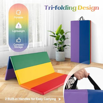 Goplus Gymnastics Mat, 6'x4' 3-Panel/6.6'x2.5' 5-Panel Folding Tumbling Mat w/Carrying Handles, Hook&Loop Fastener, Portable PU Leather Rainbow Exercise Mat for Home Gym Aerobics Yoga - color: 3-Panel,6 Color - Rainbow