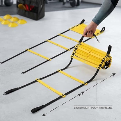 Agility Ladder Training Set - Yellow Speed & Footwork Training Equipment for Sports, Fitness, and Soccer - Includes Parachute, Hurdles, Cones, Jump Rope, and Carry Bag