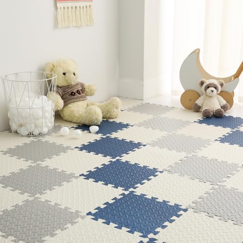 Foam Play Mat for Toddlers, EVA Non-Toxic Interlocking Floor Mats with Solid Colors, Squares Baby Play Mat, EVA Foam Floor Mat Foam Mats for Kids, Baby, 16 Tiles(White/Light Gray/Dark Blue) - color: White/Gray/Dark Blue, size: 16 Pcs/47.2*47.2