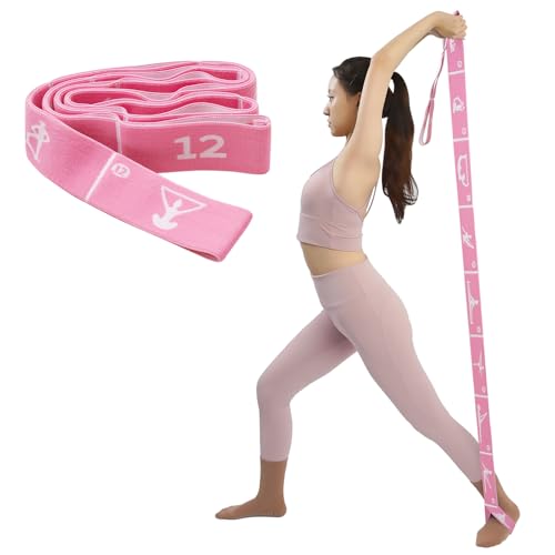 12 Loops Extra Long Yoga Stretching Band for Adults and Tall People, Adjustable Elastic Strap for Full Body Deep Stretch, Home Pilates, Ballet, Dance, Physical Therapy, Flexibility Training - color: Pink