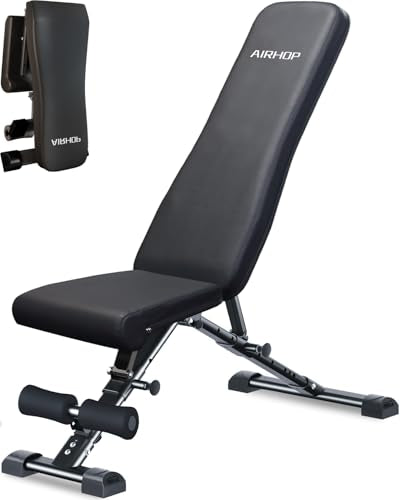 AIRHOP Foldable Weight Bench, 90° to -30° FID Workout Bench for Home Gym, Backrest, Seat & Leg Hold Down Bar Adjustable Weight Bench, MAX 1000 LBS Capacity, 19.4" Extended Base Legs for Bench Press