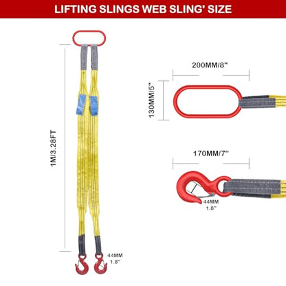 Lifting Slings Straps with Hooks, 3.3 Feet Two Leg Bridle Web Sling, 13227 Pounds Capacity, Polyester Webbing Rigging Straps for Engines, Cranes, Hoists