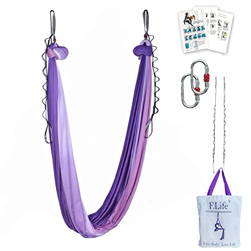 F.Life Aerial Yoga Hammock kit- Yoga Swing Multicolor 5 yards-Flying Yoga Include Daisy Chain,Carabiner and Pose Guide - color: Purple Pink Ombre