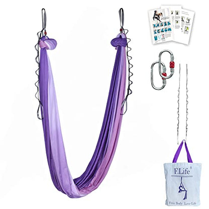 F.Life Aerial Yoga Hammock kit- Yoga Swing Multicolor 5 yards-Flying Yoga Include Daisy Chain,Carabiner and Pose Guide - color: Purple Pink Ombre