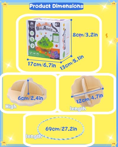 Wooden Marble Balance Game for Kids 6+ and Adults, Wobble Stacking Board 1–4 Players Family Game, 68 Glass Marbles, Dice, Challenge Cards, Party & Travel Game