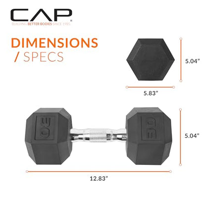 CAP Rubber Coated Dumbbell Weights, Free Weights for Home Gym Strength Training, Anti-Roll Hex Dumbbells with Black, Chrome & Comfort Grip Handles, Pairs & Sets - size: 30 lb - Pair, style: Chrome Handle