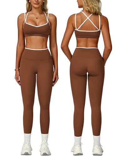 Women 2 Piece Workout Sets Cross Back ColorBlock Sports Bra High Waist Tummy Control Active Leggings Yoga Outfit - color: Brown, size: Small