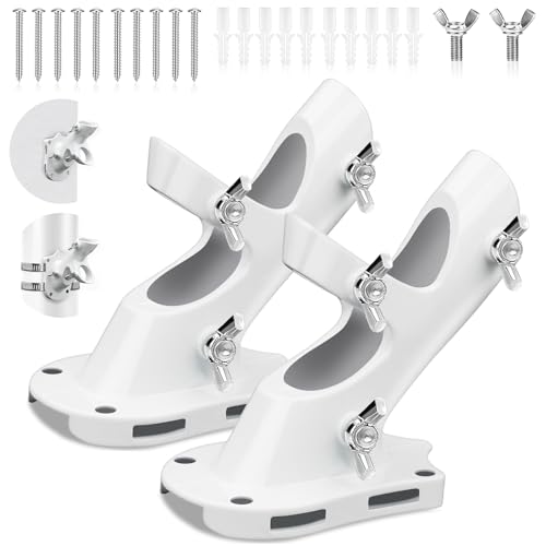 Flag Pole Brackets for House, REERON 2-Positions Metal 1" Flagpole Holder Mounts, Aluminium Rustproof Outside Flag Pole Wall Porch Mounting Bracket with 3 Fixed Holes & Steel Hardwares (White-2 Pack)