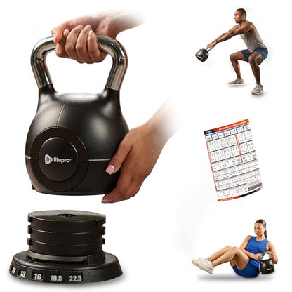 LifePro 7-in-1 Adjustable Kettlebell – PowerStone, Die-Cast Aluminum & Steel, Space-Saving Set with Handle-Twist Adjustment – Strength Training Kettlebell with Storage Base - size: 23.9 Pounds