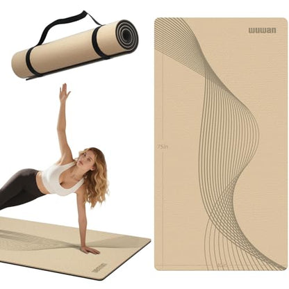 Large Exercise Mat | 10mm Thick TPE Non-slip Gym Mats, Carrying Strap - color: beige/black