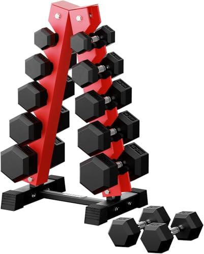 RitFit Rubber Hex Dumbbell Set with Storage Weight Rack - style: 350 LBS Red (10-50LB)