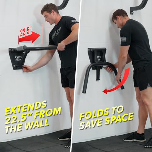 Valor Fitness Wall Mounted Dip Station - Foldable Dip Bar for Home Gym -Heavy Duty Steel Upper Body Training Equipment - Multi Grip Handles for Dips, Leg Raises, and Ab Workout - 350 lb Capacity