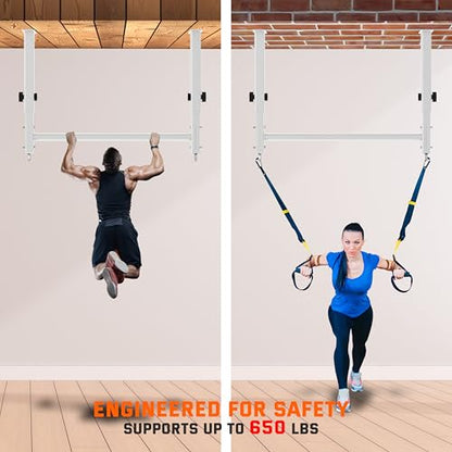 48" Ceiling Mount Pull Up Bar, Heavy Duty Multi-Grip Rafter Chin Up Bar for Garage/Basement/Backyard Ceiling Beam, Adjustable Height&Supports to 650 Lbs (White)