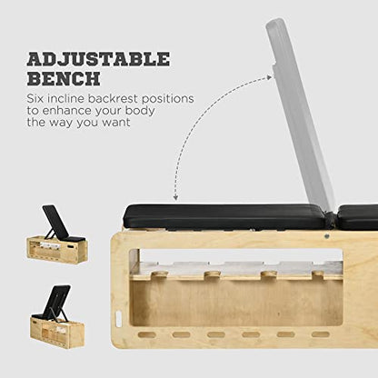 Soozier Adjustable Weight Bench, Workout Bench with Storage Rack Resistance Rope, Incline Bench Weight Lifting Equipment for Home Gym Arms & Chest Strength Training