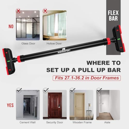RHINOSPORT Door Pull Up Bar Doorway No-Screw from 69-92 cm (27.1in-36.2in) Workout Equipment for Home Gym Upper Body Workout Non-slip 2x EXTRA Foam Padding for Ultimate Door Frame Protection