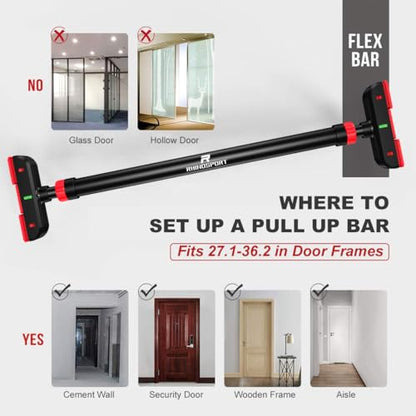 RHINOSPORT Door Pull Up Bar Doorway No-Screw from 69-92 cm (27.1in-36.2in) Workout Equipment for Home Gym Upper Body Workout Non-slip 2x EXTRA Foam Padding for Ultimate Door Frame Protection