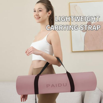 PAIDU POE Yoga Mat （10mm）Extra Thick Fitness Mat 72"x24" with Carry Strap - color: Deep Pink+Grey