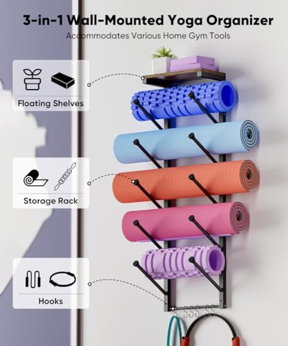 5 Tiers Yoga Mat Holder Rack Wall Mount with 6 Hooks for Hanging Accessory Yoga Strap Foam Rollers Resistance Bands, Yoga Mats Organizer with Floating Shelf for Home Gym Storage Fitness