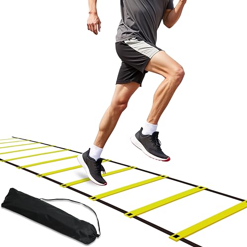 20ft Adjustable Agility Speed Ladder Training Ladder with Carry Bag - Soccer, Speed, Football Fitness Feet Training - Agility Training Equipment for Footwork Drills - color: Yellow