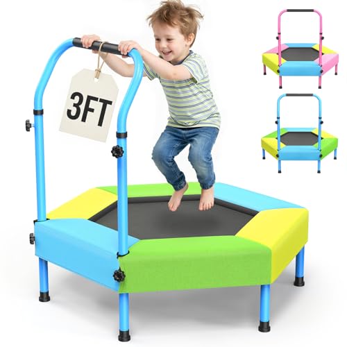 Toddler Trampoline for Kids with Foam Handle, Anti-Tilt Frame & Thick Padded Spring Cover, Indoor Outdoor Mini Trampoline, Active Play Toy Gift for Boys Girls - color: Green+Blue+Yellow, size: 3FT