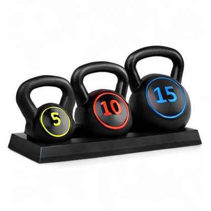 Best Choice Products 3-Piece Kettlebell Set with Storage Rack, HDPE Coated Exercise Fitness Concrete Weights for Home Gym, Strength Training, HIIT Workout 5lb, 10lb, 15lb