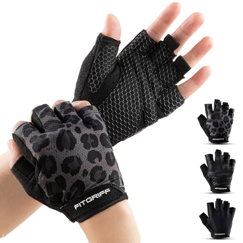 Fitgriff® Workout Gloves (Padded) for Men & Women - Fingerless Gym Gloves for Weight Lifting, Training - Full Palm Protection - color: Leopard, size: 6