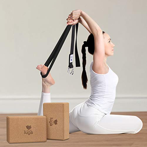 IUGA Yoga Blocks 2 Pack With Strap Non Slip High Density 9"x6"x3" Solid & Cork Yoga Block With Yoga Strap to Improve Strength Balance for Yoga Pilates Meditation
