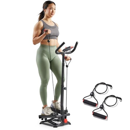 Sunny Health & Fitness Total Body 2-in-1 Smart Stepper Machine for Home with Handlebar and Resistance Bands