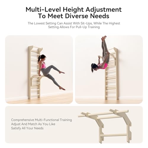 Swedish ladder wall gym adult & Pull Up Bar Gymnastics Bar – Ultimate Wall Bars for Exercise with Adjustable Dip Bar Attachment,Moves wall bars, Wood Stall Bars for Home, Calisthenics, Physical Therapy and Kids Training