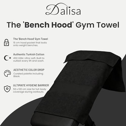 Dalisa Bench Hood Gym Towel – 100% Turkish Cotton – Non-Slip Hooded Design for Weight Benches – 450 GSM – 19.7" x 51.2" – Ultra-Absorbent, Quick-Dry Workout Towel – Made in Türkiye – Black - color: Black