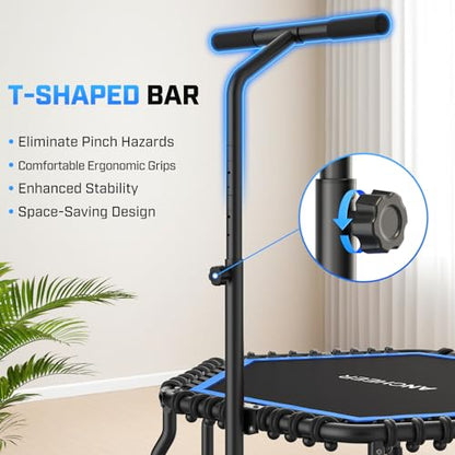 ANCHEER Trampoline, 50'' Rebounder Trampoline for Adult with Bar, Indoor Mini Trampoline, 550LBS Fitness Trampoline with Bungee, Jumping Cardio Equipment, Exercise Trampoline at Home Gym - color: Blue