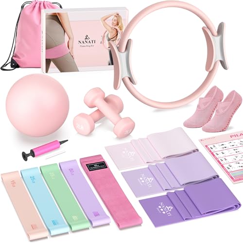 Pilates Kit, Home Pilates Workout Kit for Women, Pilates Equipment with 14.5" Pilates Ring and Ball, Resistance Bands, Dumbbells & Grip Socks for Home Workouts - color: Pink
