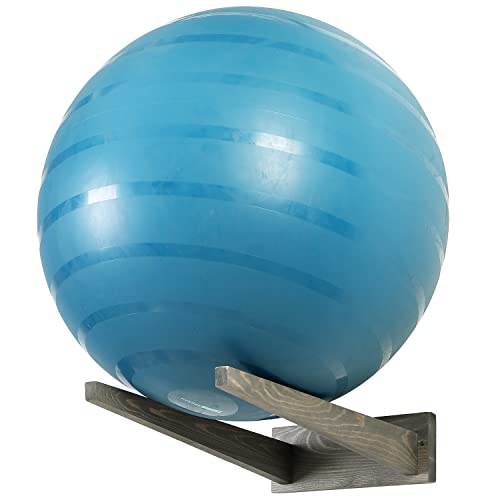 MyGift Stability Ball Storage Rack, Weathered Gray Wood Large Wall Mounted Yoga Studio and Home or Commercial Gym Exercise Ball Equipment Organizer - color: Vintage Gray