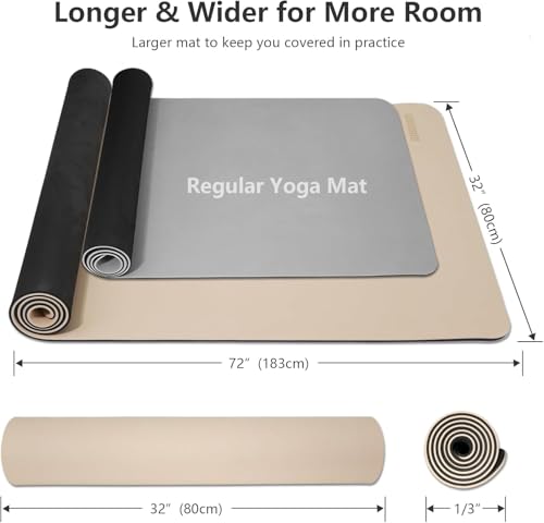 Wide Yoga Mat-80cm Non Slip Extra Thick 1/3'' Fitness Exercise Mat TPE Material High Resiliency Hot Yoga Mats(72“L x 32"W) With Carry Strap for Women Yoga Pilates, Home Floor Workout - color: beige